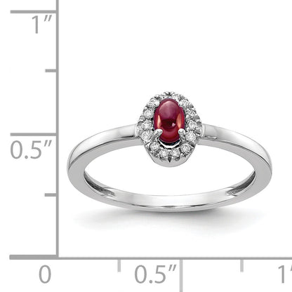 14k White Gold 1/15 carat Diamond and 5x3mm Oval Cabochon Garnet Halo Ring