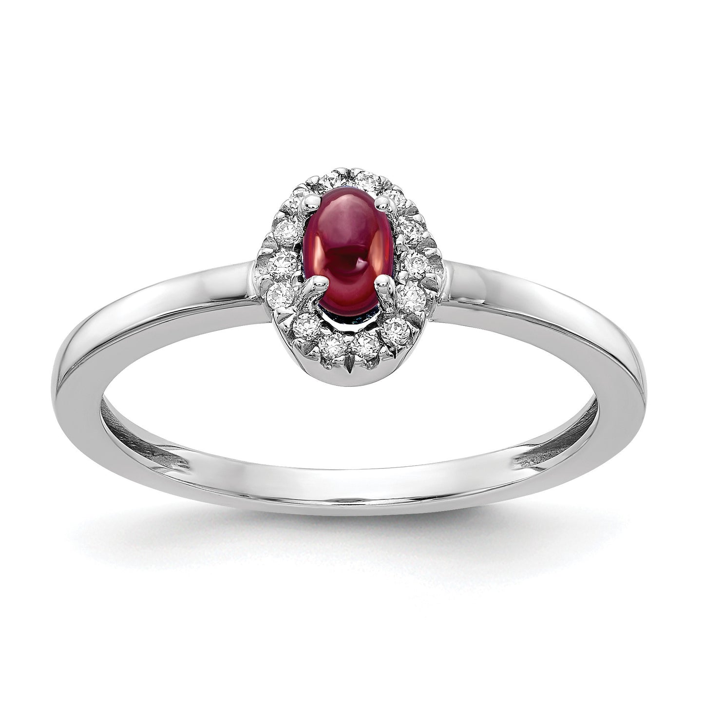 14k White Gold 1/15 carat Diamond and 5x3mm Oval Cabochon Garnet Halo Ring