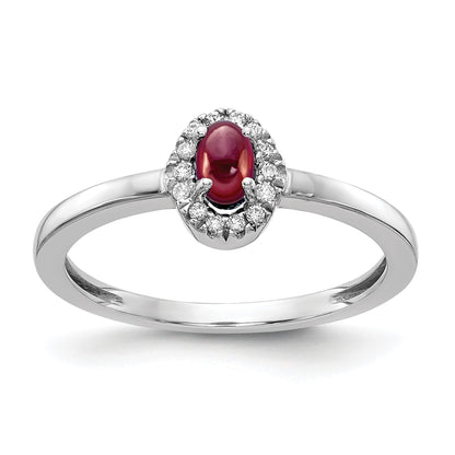 14k White Gold 1/15 carat Diamond and 5x3mm Oval Cabochon Garnet Halo Ring