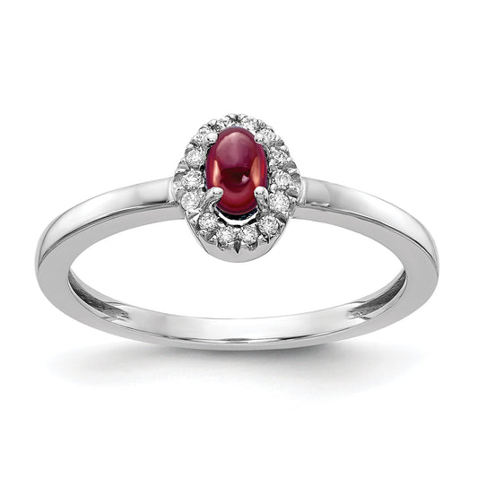14k White Gold 1/15 carat Diamond and 5x3mm Oval Cabochon Garnet Halo Ring
