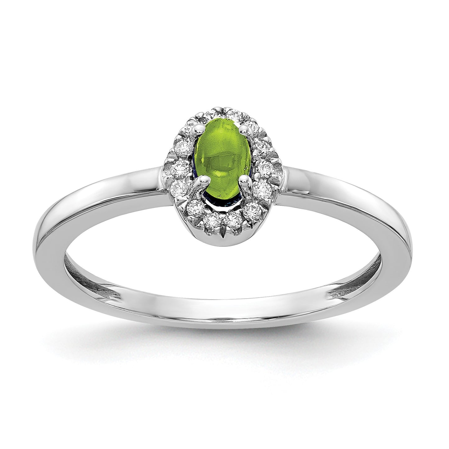 14k White Gold 1/15 carat Diamond and 5x3mm Oval Cabochon Peridot Halo Ring