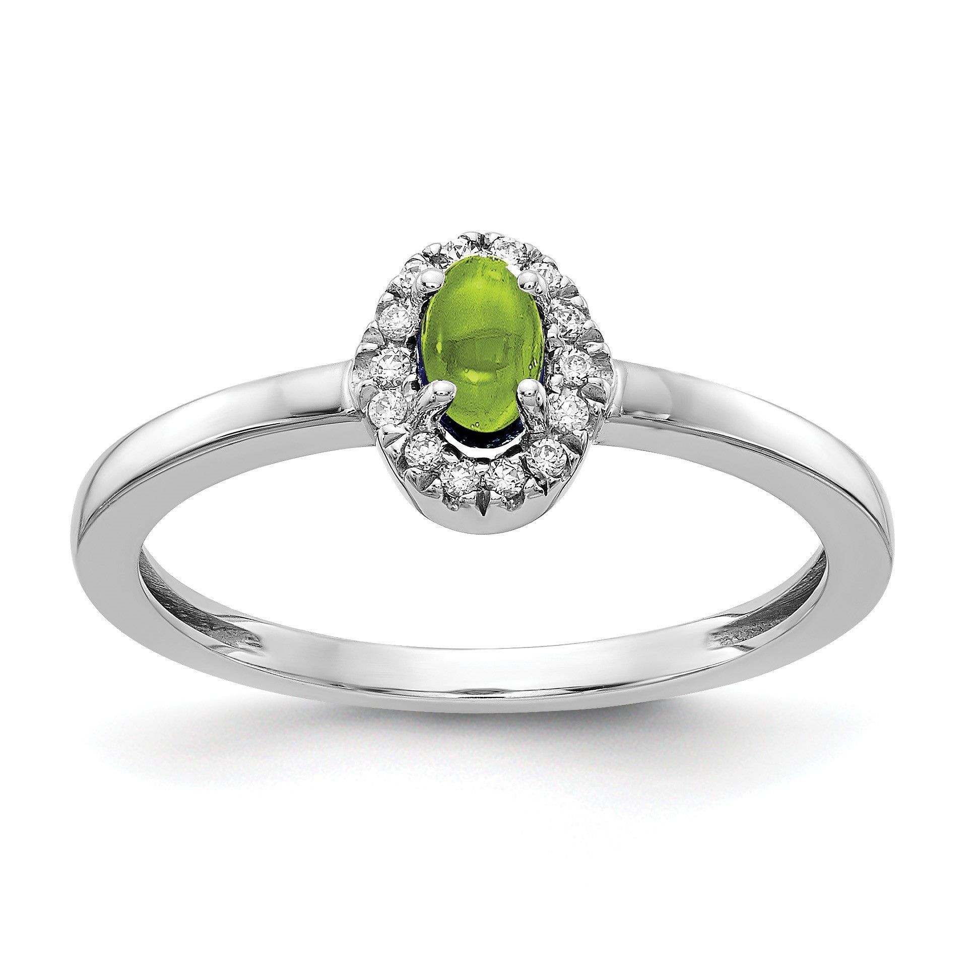 14k White Gold 1/15 carat Diamond and 5x3mm Oval Cabochon Peridot Halo Ring