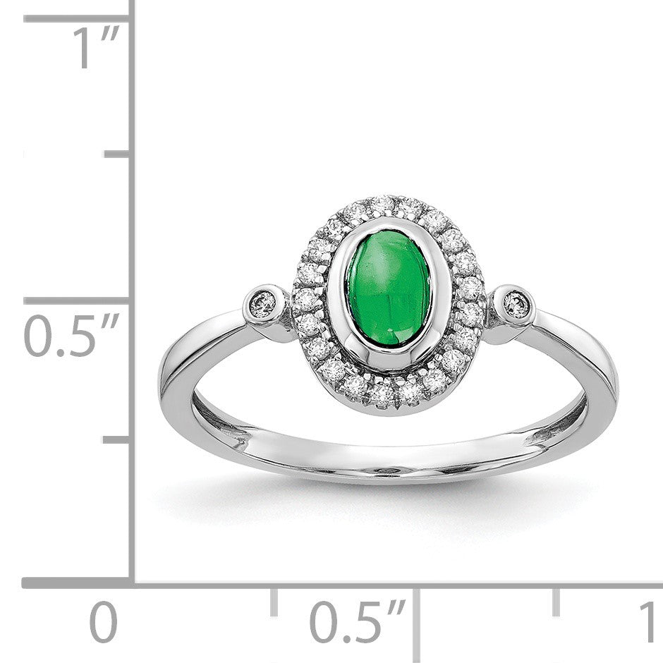 14k White Gold 1/8 carat Diamond and 6x4mm Oval Cabochon Emerald Halo Ring