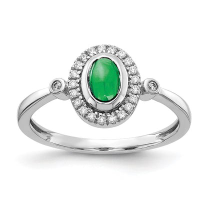14k White Gold 1/8 carat Diamond and 6x4mm Oval Cabochon Emerald Halo Ring