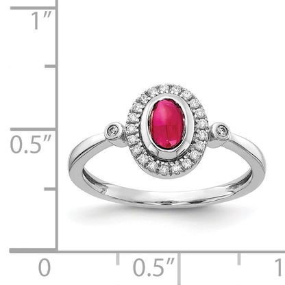 14k White Gold 1/8 carat Diamond and 6x4mm Oval Cabochon Ruby Halo Ring
