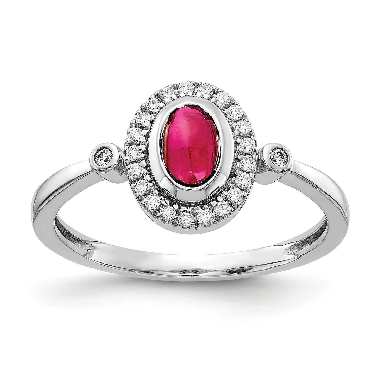 14k White Gold 1/8 carat Diamond and 6x4mm Oval Cabochon Ruby Halo Ring