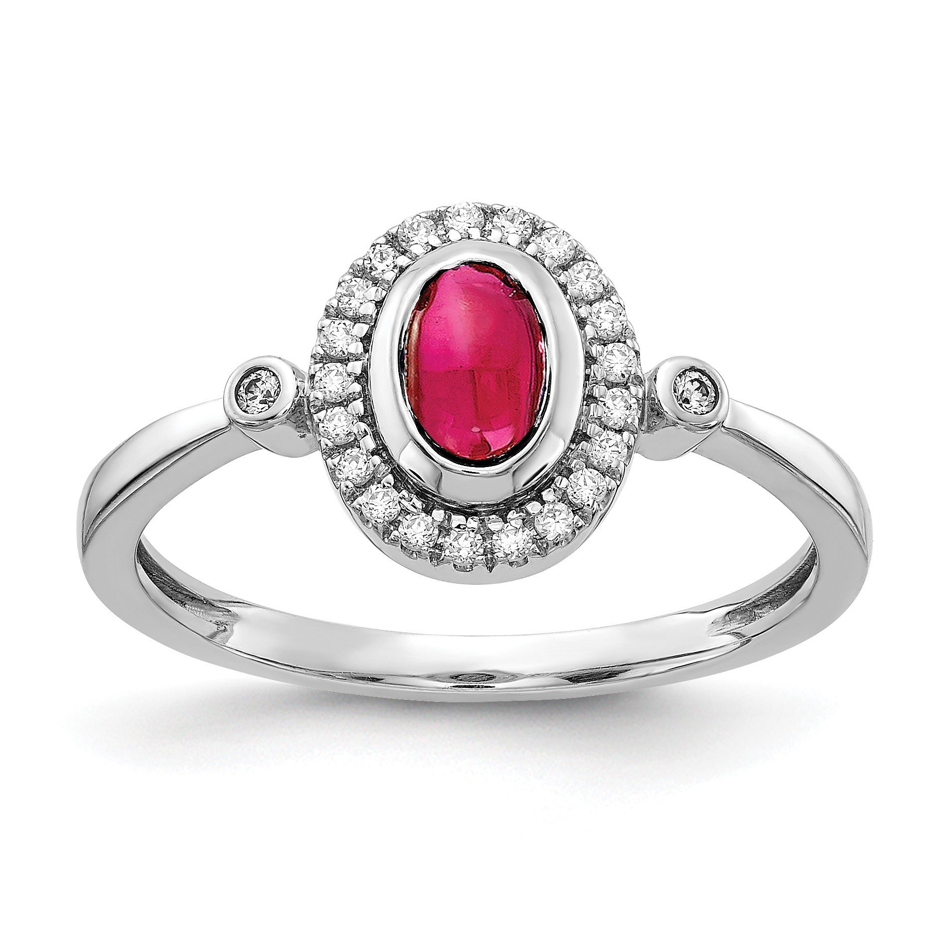 14k White Gold 1/8 carat Diamond and 6x4mm Oval Cabochon Ruby Halo Ring