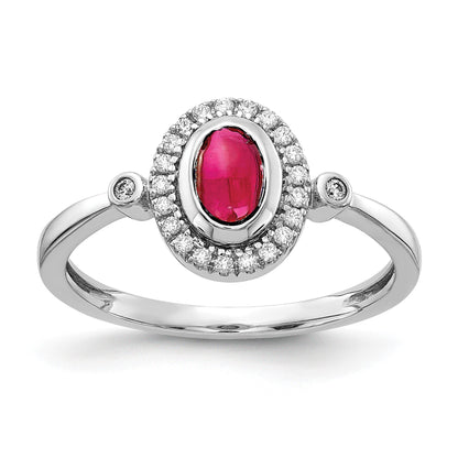 14k White Gold 1/8 carat Diamond and 6x4mm Oval Cabochon Ruby Halo Ring
