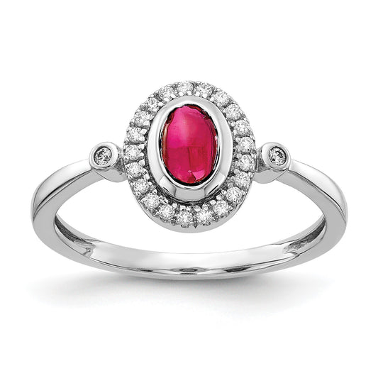 14k White Gold 1/8 carat Diamond and 6x4mm Oval Cabochon Ruby Halo Ring