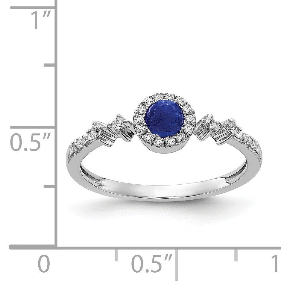 14k White Gold 1/8 carat Diamond and 4mm Round Cabochon Blue Sapphire Halo Ring
