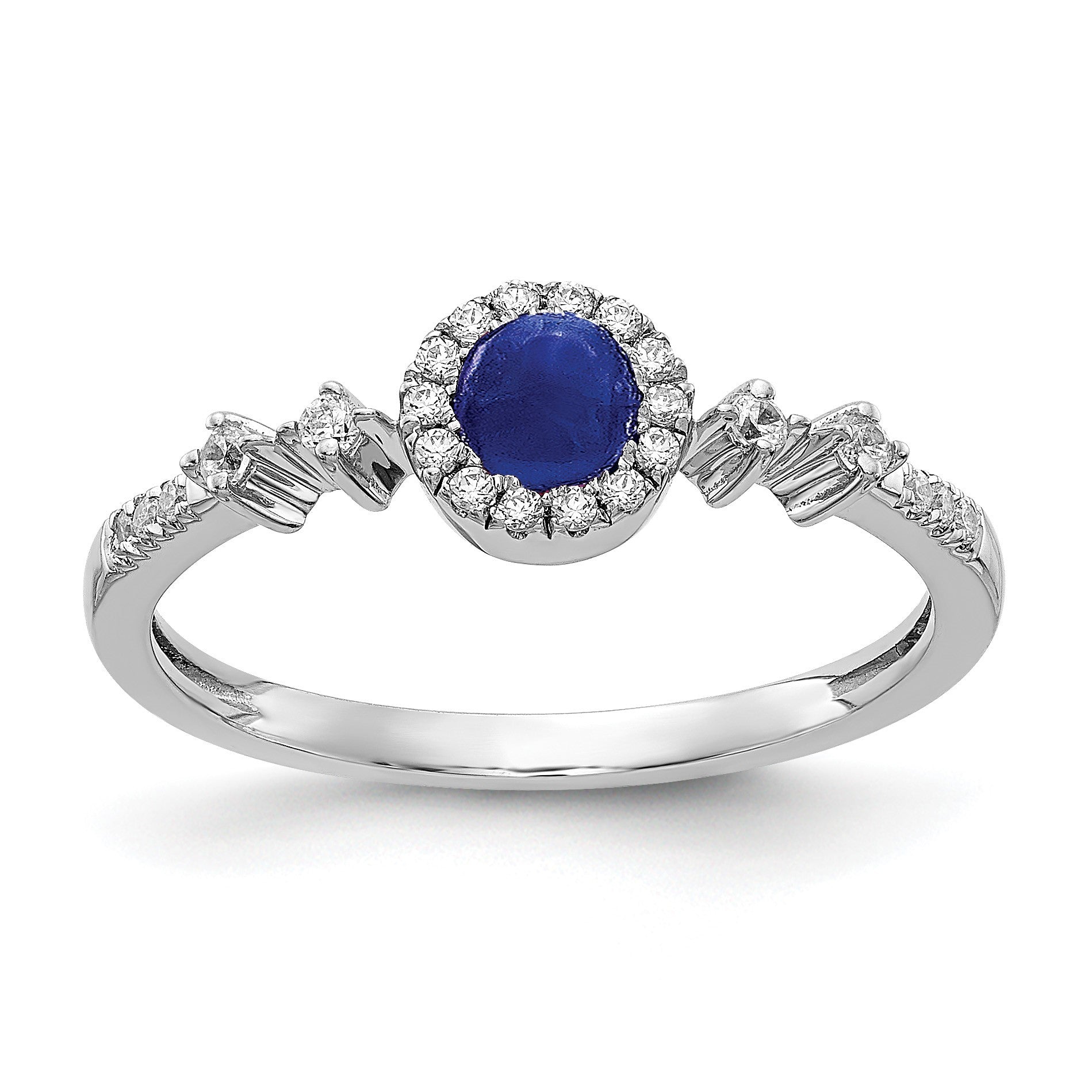 14k White Gold 1/8 carat Diamond and 4mm Round Cabochon Blue Sapphire Halo Ring