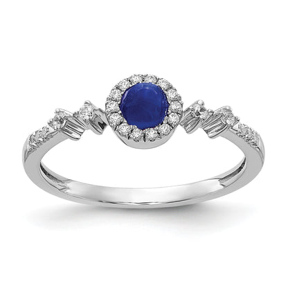 14k White Gold 1/8 carat Diamond and 4mm Round Cabochon Blue Sapphire Halo Ring