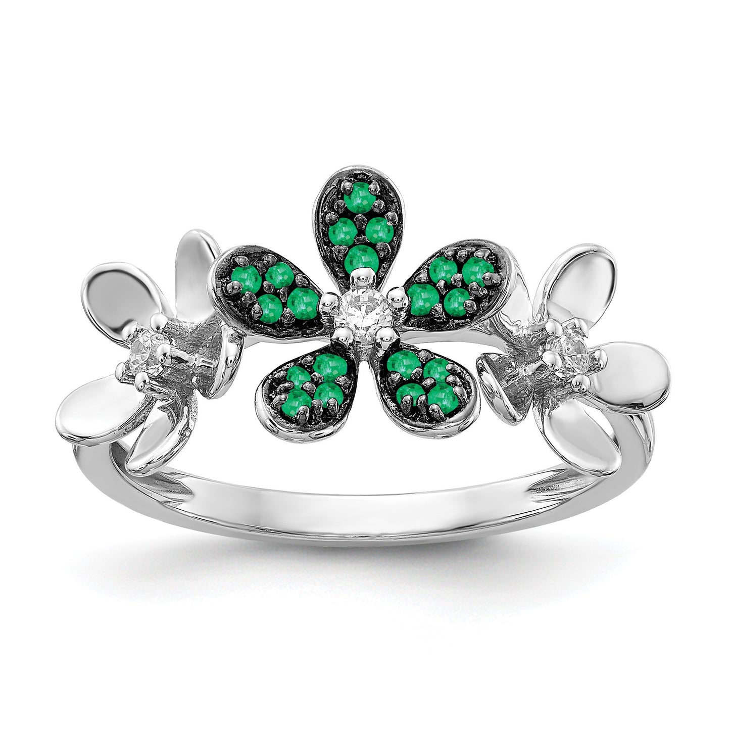 14k White Gold 1/10 carat Diamond and Emerald Flower Ring