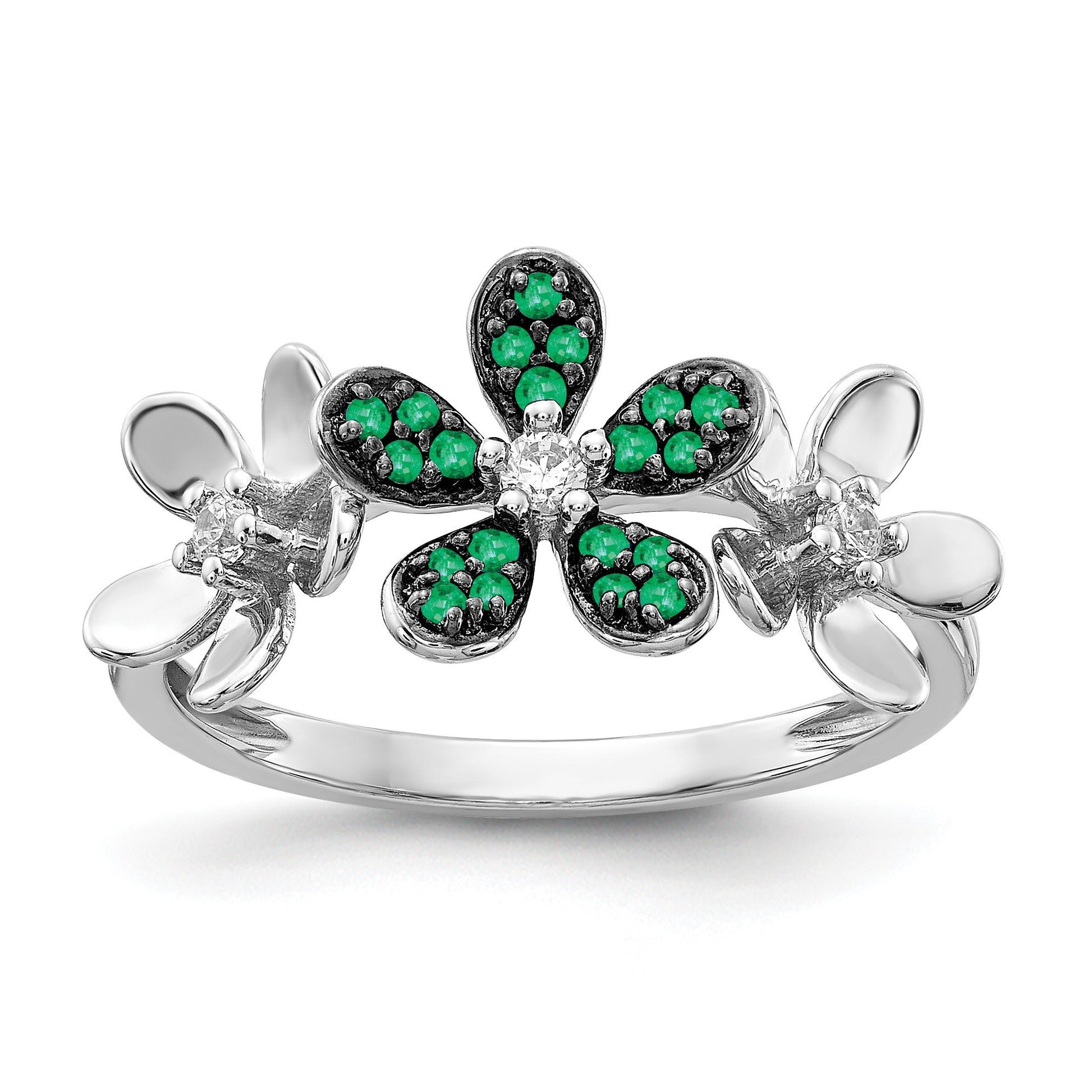 14k White Gold 1/10 carat Diamond and Emerald Flower Ring