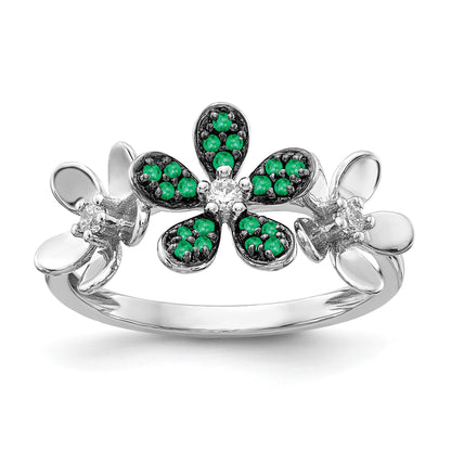 14k White Gold 1/10 carat Diamond and Emerald Flower Ring