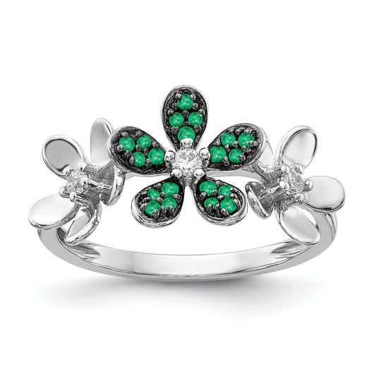 14k White Gold 1/10 carat Diamond and Emerald Flower Ring