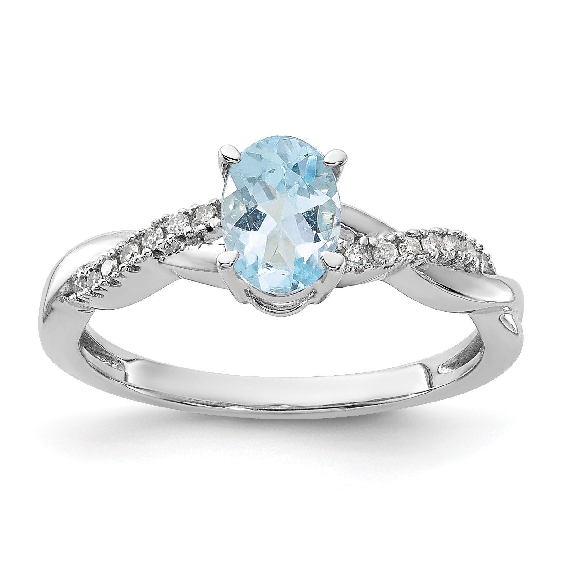 14K White Gold 7x5 Oval March/Aquamarine and Diamond Size 7 Ring