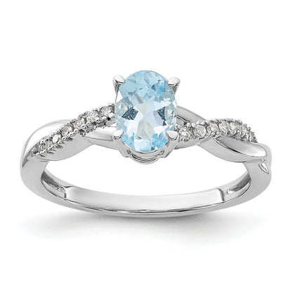 14K White Gold 7x5 Oval March/Aquamarine and Diamond Size 7 Ring