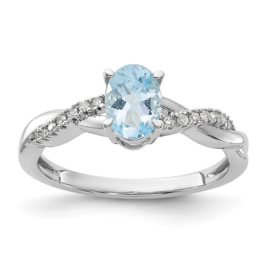 14K White Gold 7x5 Oval March/Aquamarine and Diamond Size 7 Ring