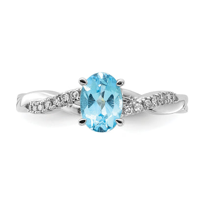 14K White Gold 7x5 Oval December/Blue Topaz and Diamond Size 7 Ring