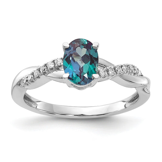 14K White Gold 7x5 Oval June/Lab Created Alexandrite and Diamond Size 7 Ring