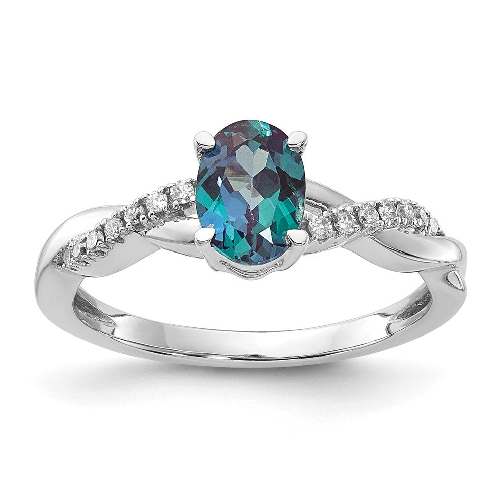 14K White Gold Oval Created Alexandrite and Diamond Ring