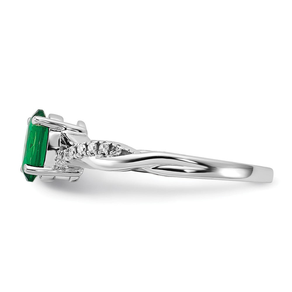 14K White Gold Oval Created Emerald and Diamond Ring