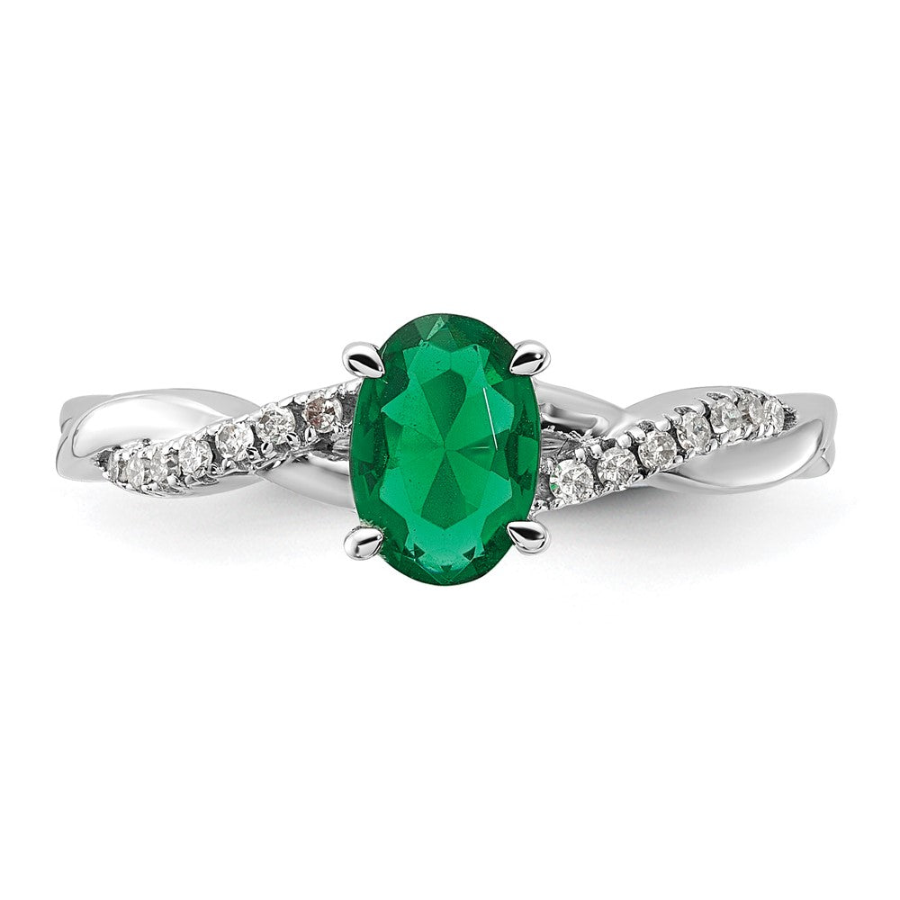 14K White Gold Oval Created Emerald and Diamond Ring