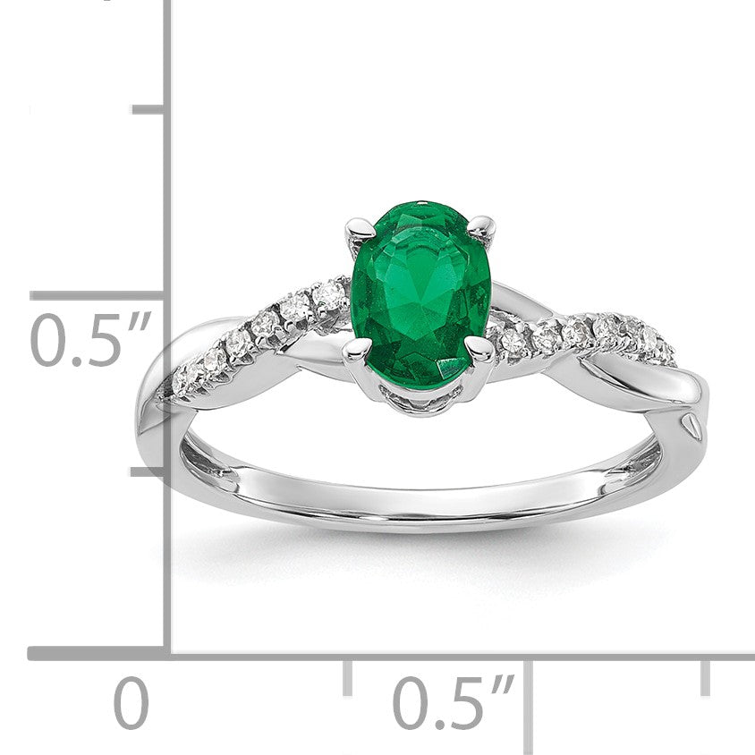 14K White Gold 7x5 Oval May/Lab Created Emerald and Diamond Size 7 Ring