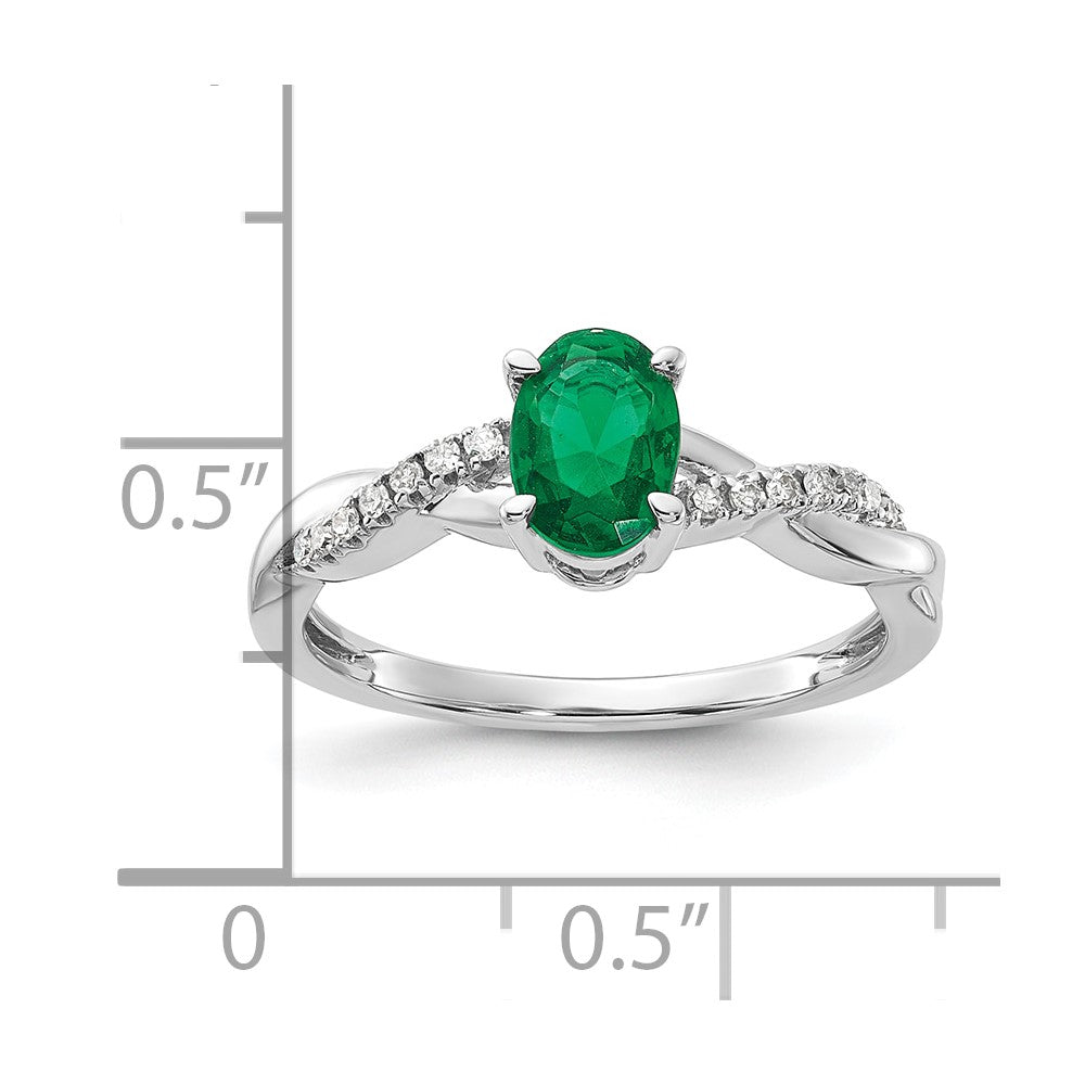 14K White Gold Oval Created Emerald and Diamond Ring