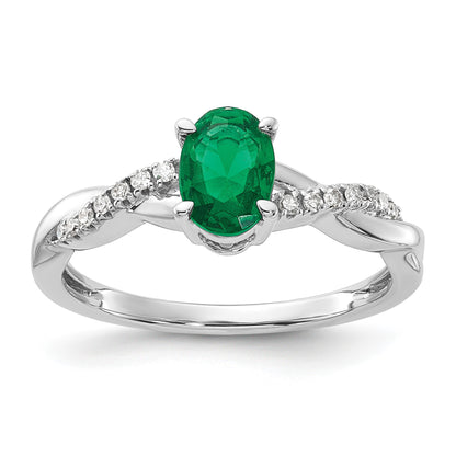 14K White Gold 7x5 Oval May/Lab Created Emerald and Diamond Size 7 Ring