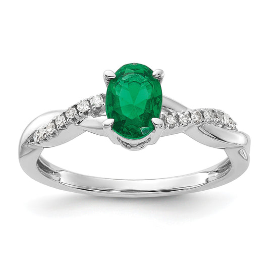 14K White Gold 7x5 Oval May/Lab Created Emerald and Diamond Size 7 Ring