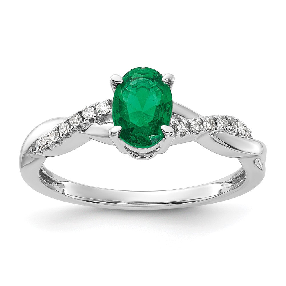 14K White Gold Oval Created Emerald and Diamond Ring