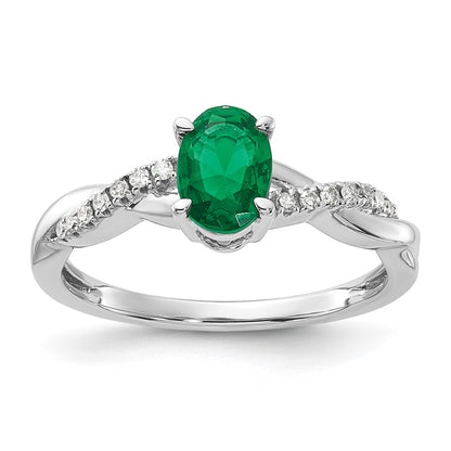 14K White Gold Oval Created Emerald and Diamond Ring