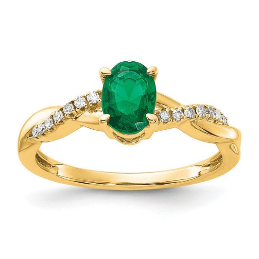 14k 7x5 Oval May/Lab Created Emerald and Diamond Size 7 Ring