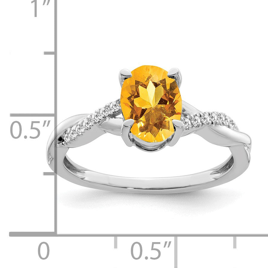 14k White Gold 8x6mm Oval Citrine and 1/15 carat Diamond Ring