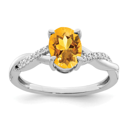 14k White Gold 8x6mm Oval Citrine and 1/15 carat Diamond Ring