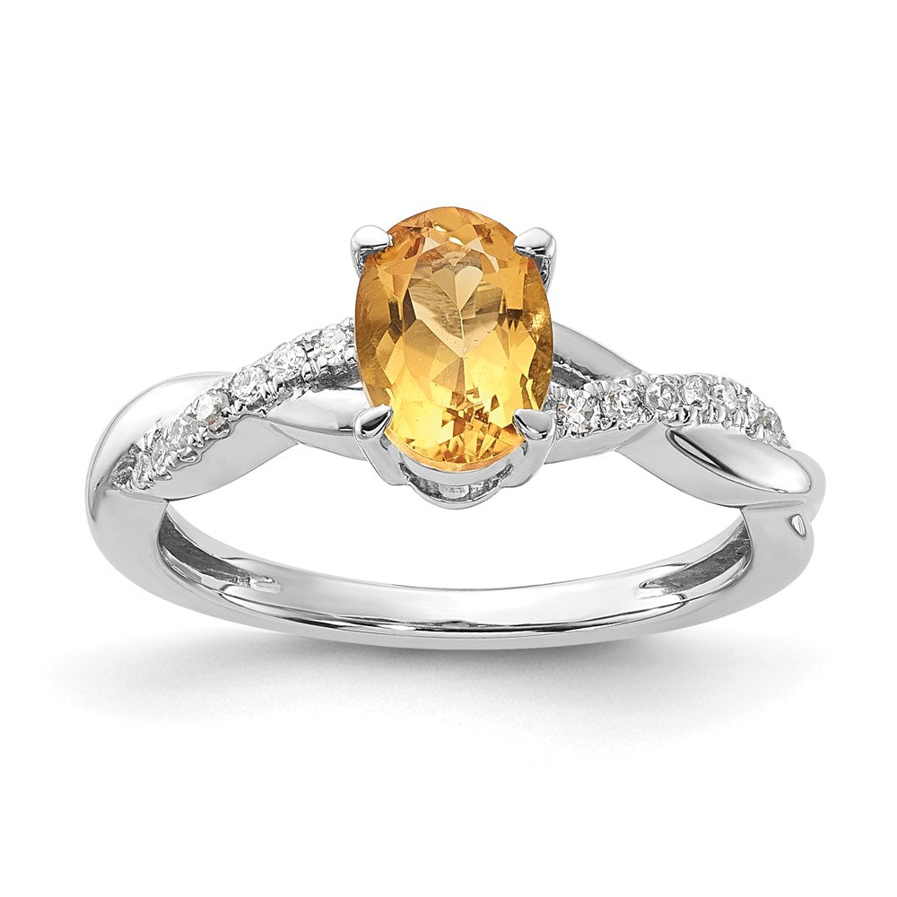 14K White Gold Oval Citrine and Diamond Ring