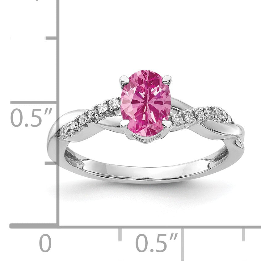14K White Gold 7x5 Oval October/Lab Created Pink Sapphire and Diamond Size 7 Ring