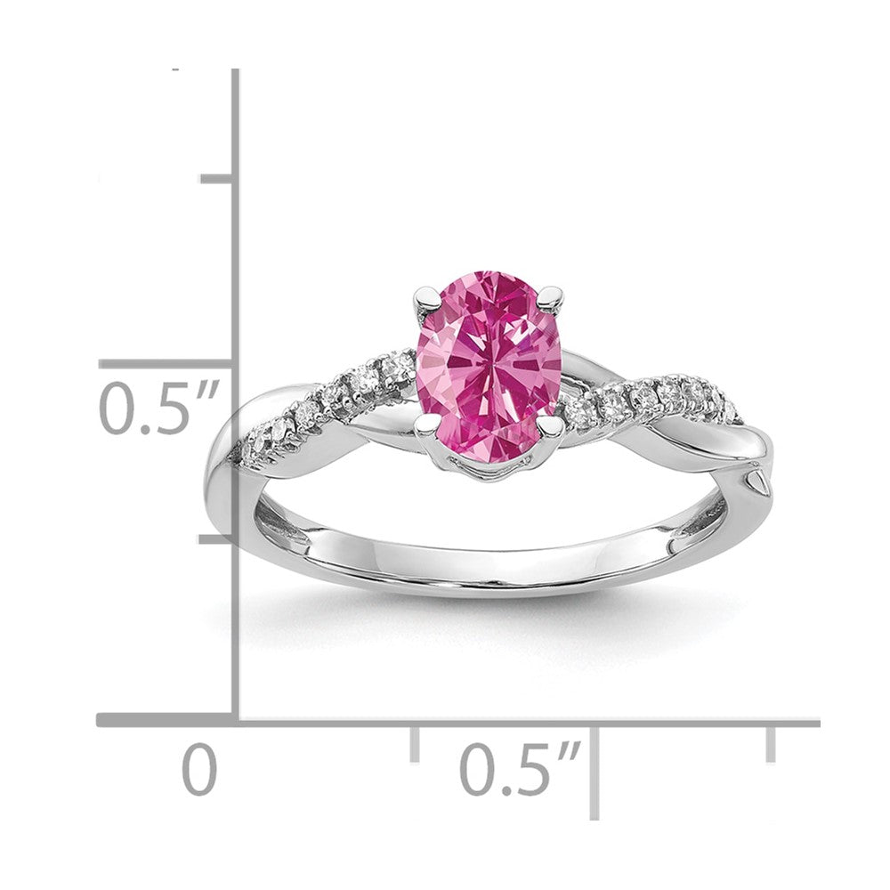 14K White Gold Oval Created Pink Sapphire and Diamond Ring