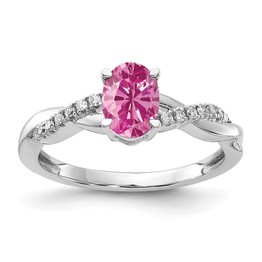 14K White Gold Oval Created Pink Sapphire and Diamond Ring