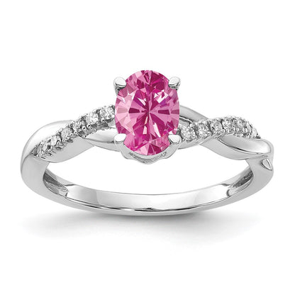 14K White Gold Oval Created Pink Sapphire and Diamond Ring