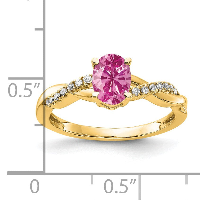 14k 7x5 Oval October/Lab Created Pink Sapphire and Diamond Size 7 Ring