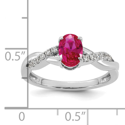 14k White Gold Lab Created Ruby & 1/10 carat Lab Grown Diamond VS/SI+ G+ Oval July Birthstone Complete Ring