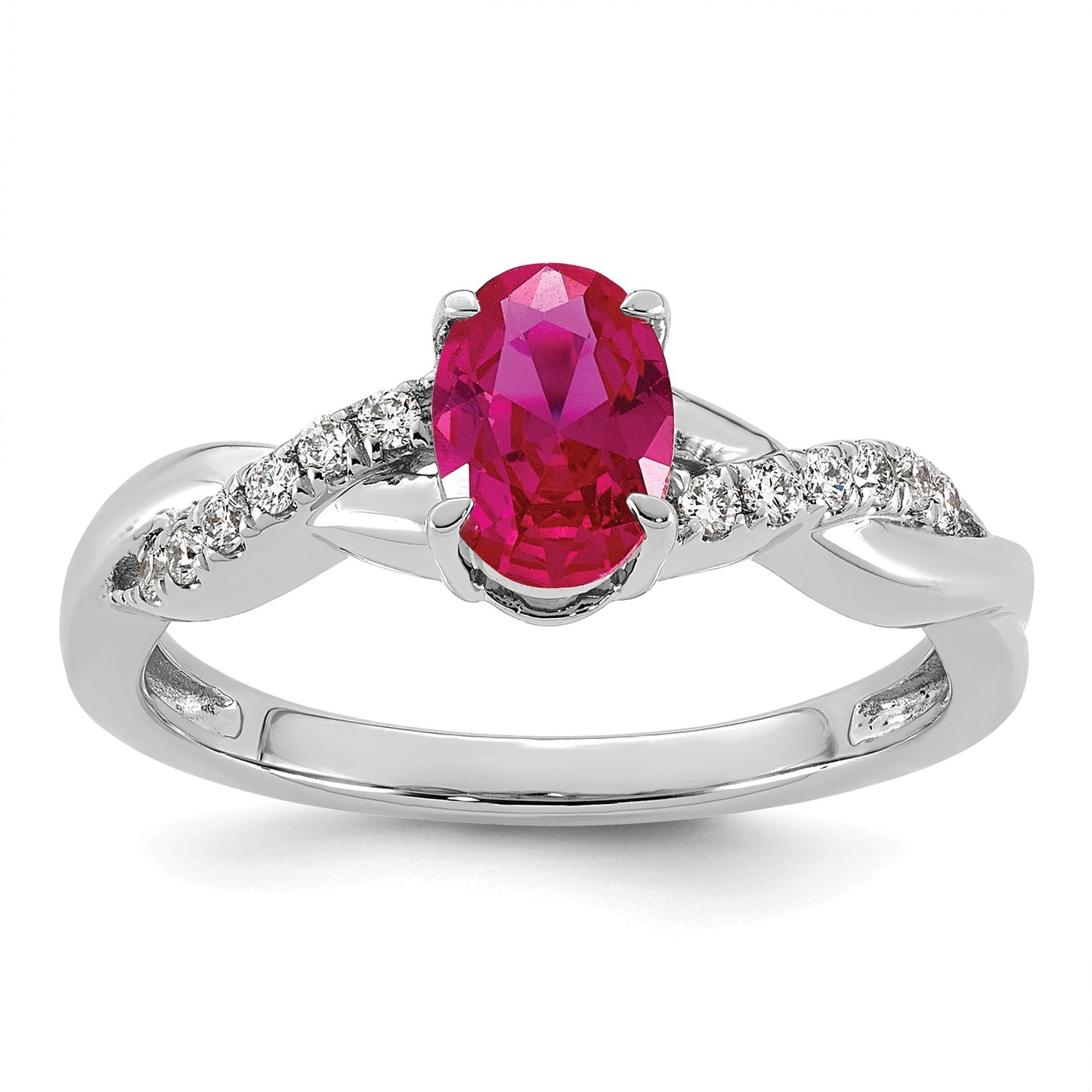 14k White Gold Lab Created Ruby & 1/10 carat Lab Grown Diamond VS/SI+ G+ Oval July Birthstone Complete Ring