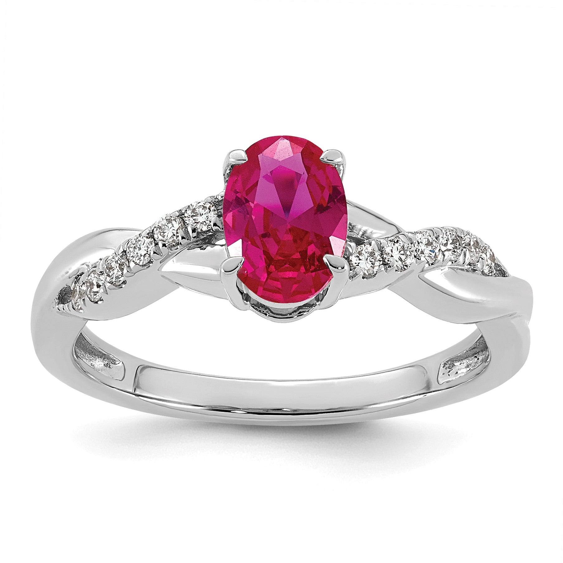 14k White Gold Lab Created Ruby & 1/10 carat Lab Grown Diamond VS/SI+ G+ Oval July Birthstone Complete Ring