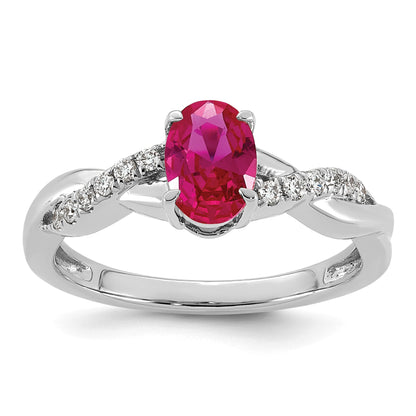 14k White Gold Lab Created Ruby & 1/10 carat Lab Grown Diamond VS/SI+ G+ Oval July Birthstone Complete Ring