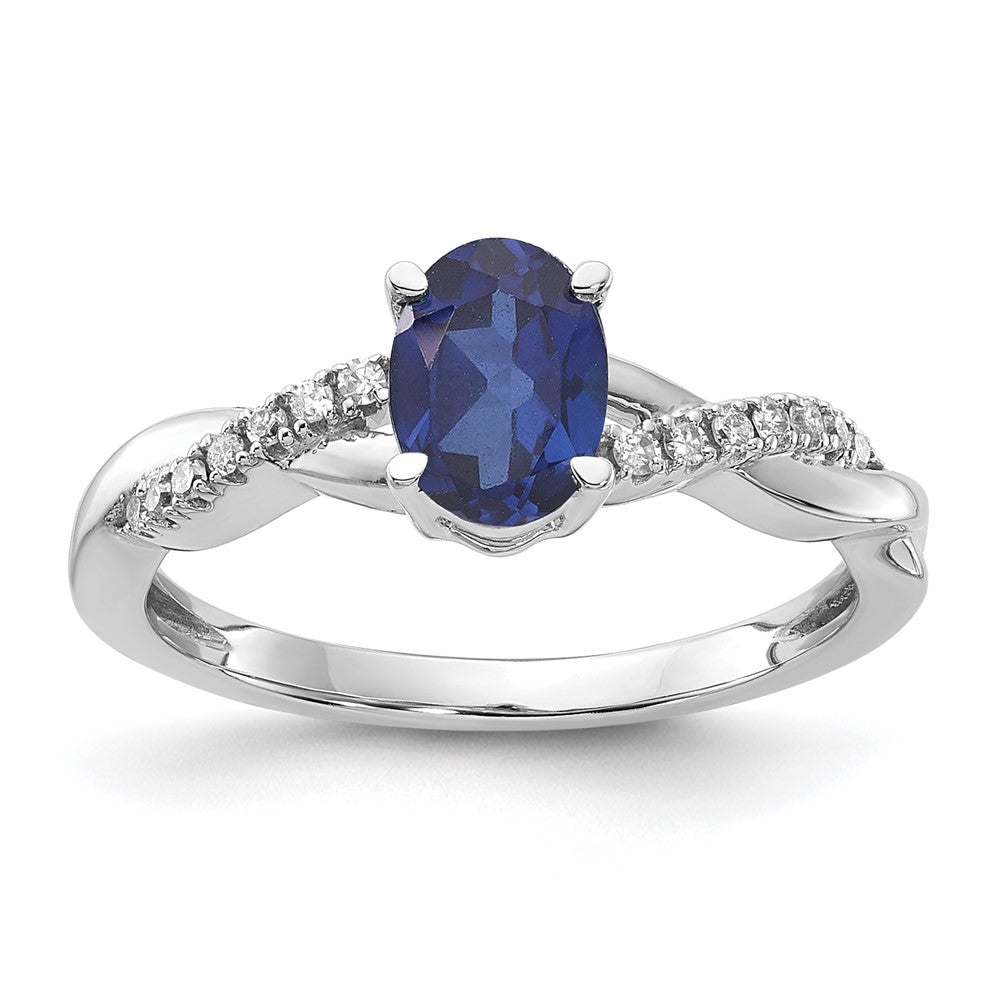 14K White Gold Oval Created Sapphire and Diamond Ring