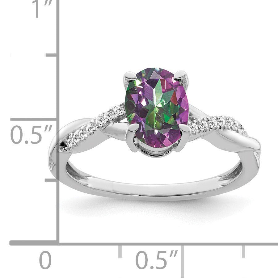 14k White Gold 8x6mm Oval Mystic Fire Topaz and 1/15 carat Diamond Ring
