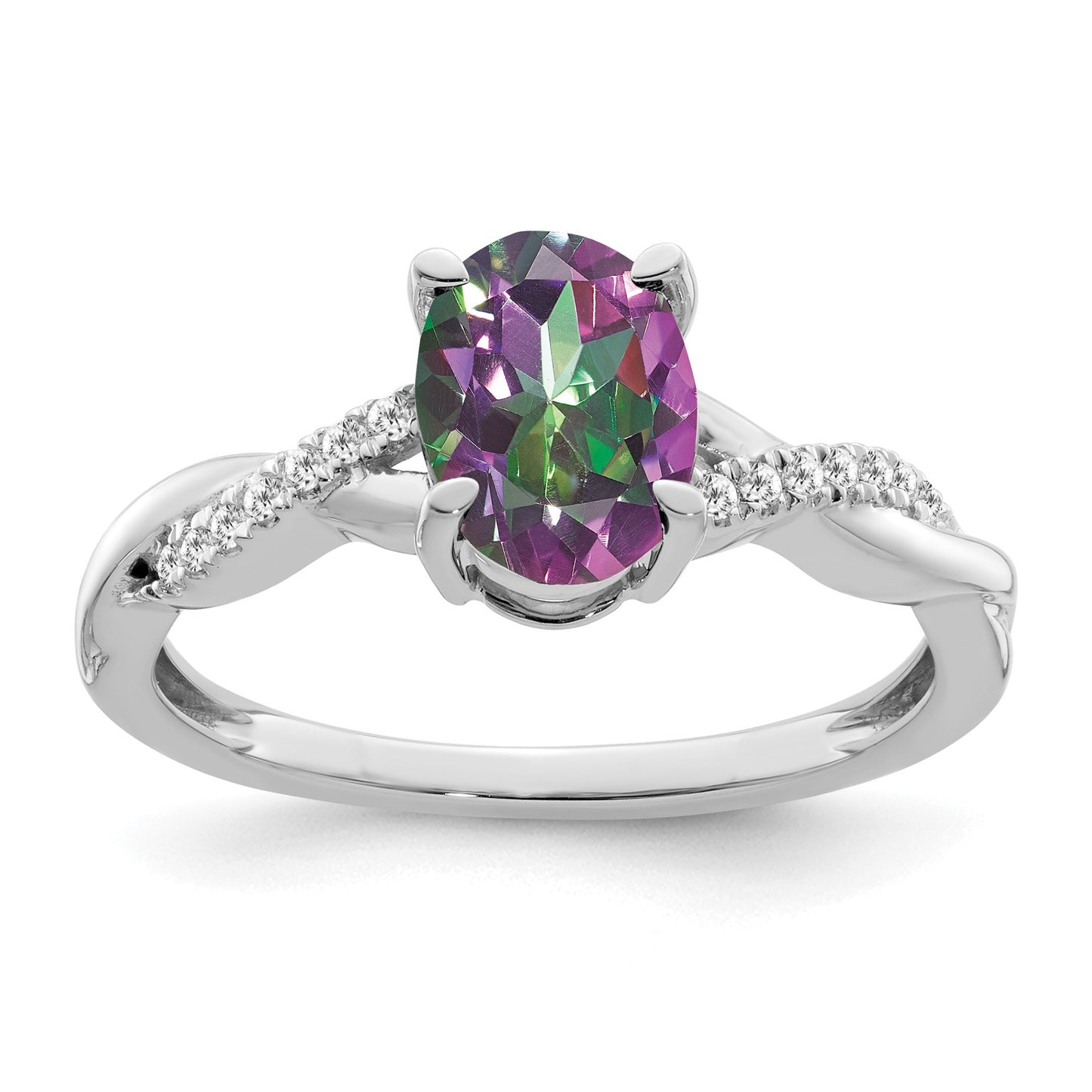 14k White Gold 8x6mm Oval Mystic Fire Topaz and 1/15 carat Diamond Ring